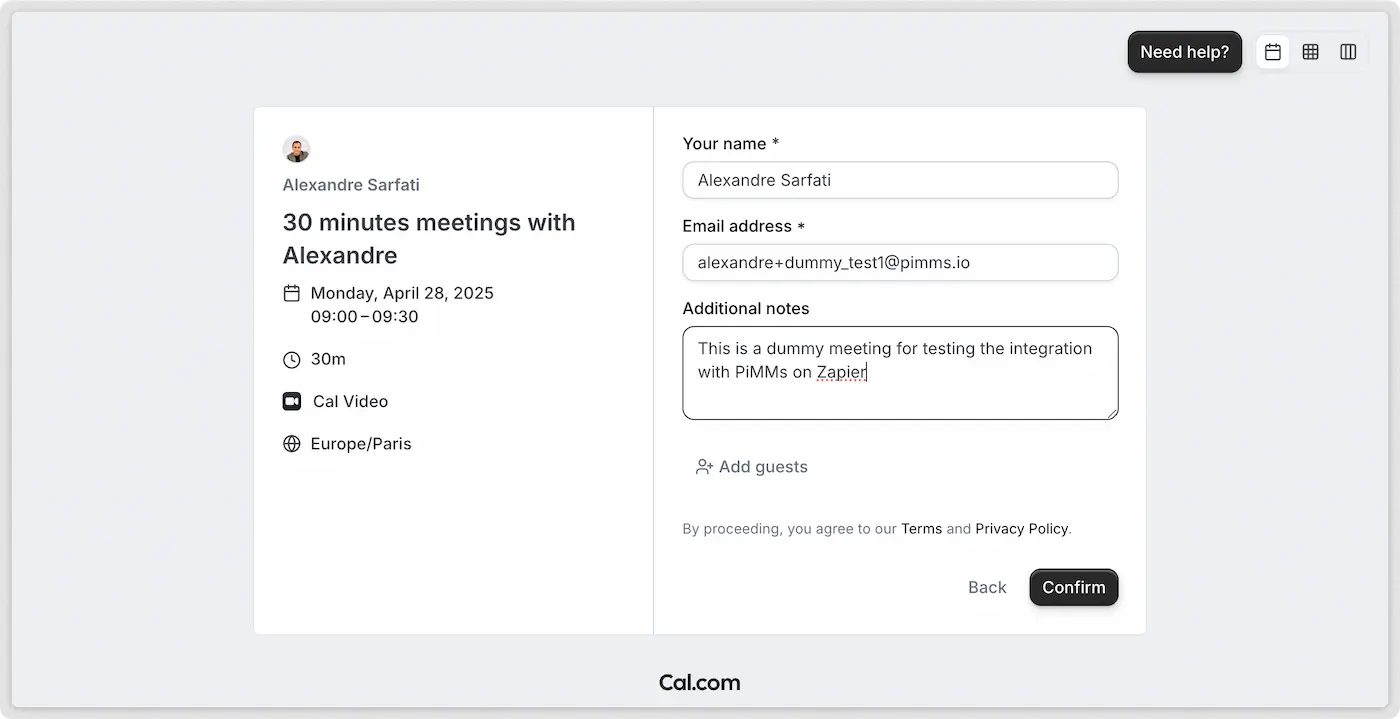 Test booking Cal.com