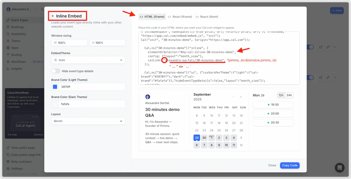 Dashboard intégration inline Cal.com