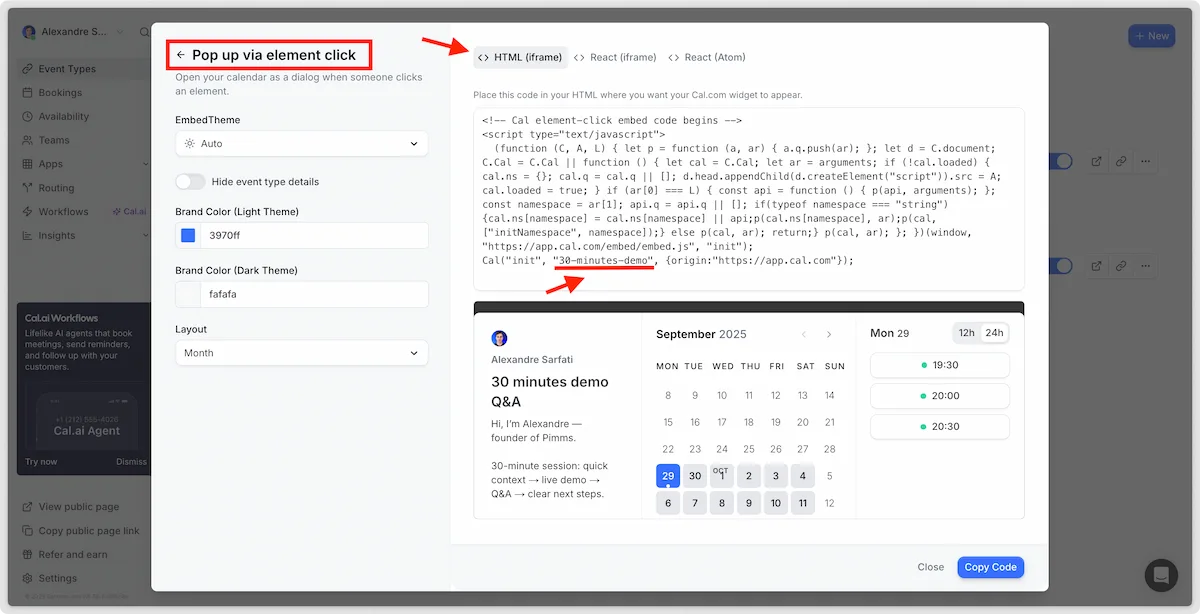 Dashboard intégration popup Cal.com