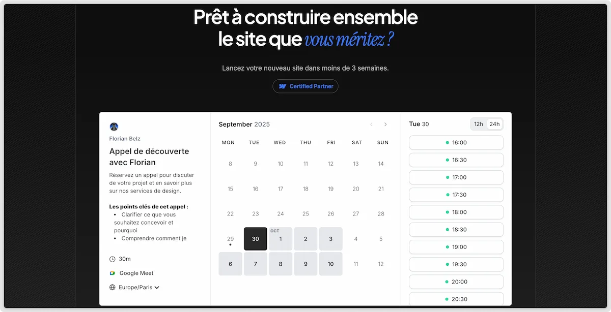 Exemple d'intégration calendrier dans Webflow