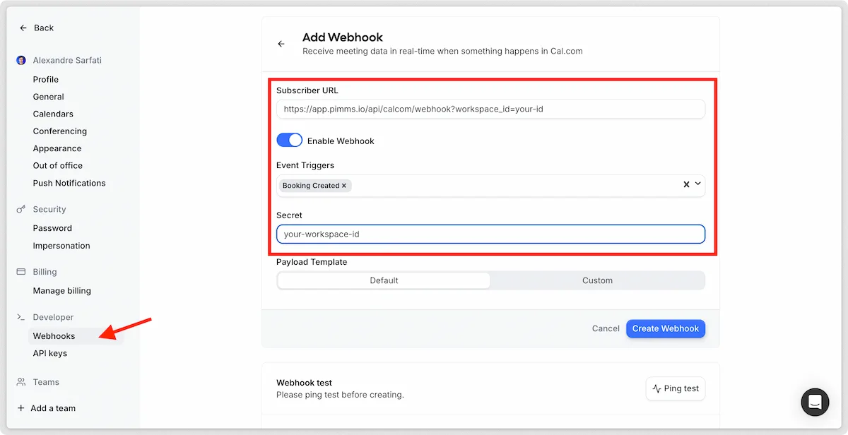 Cal.com webhook configuration