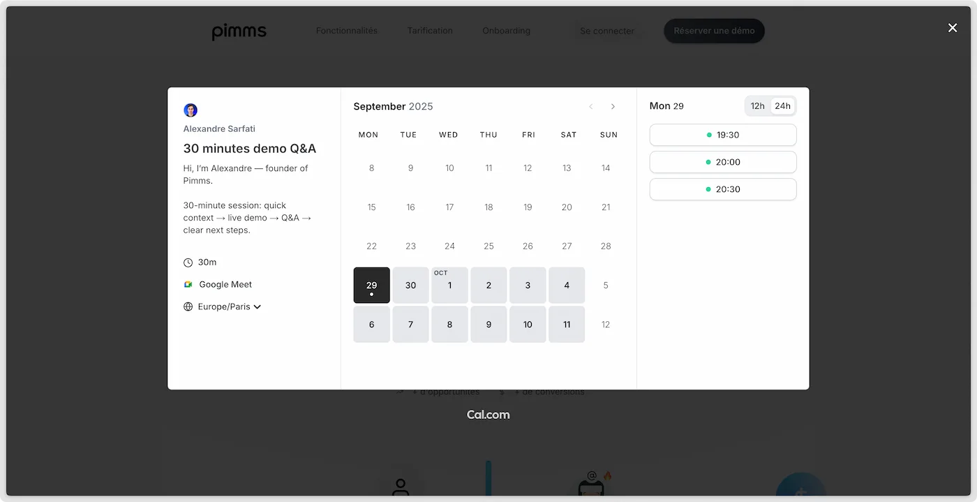 Exemple de calendrier popup dans Webflow