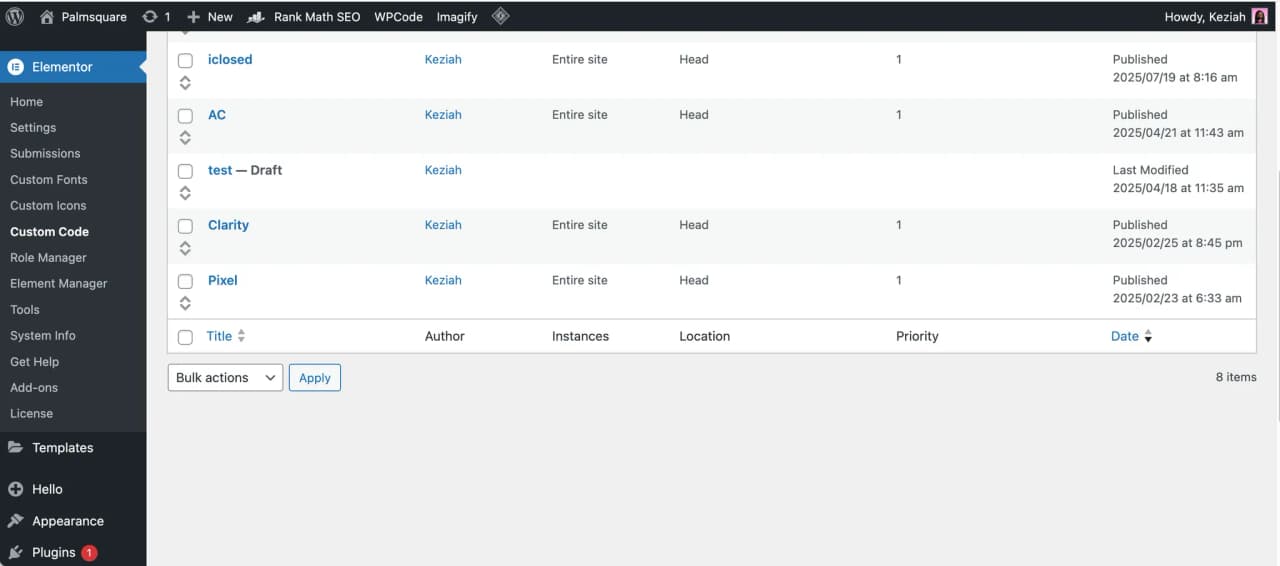 Elementor Custom Code Menu