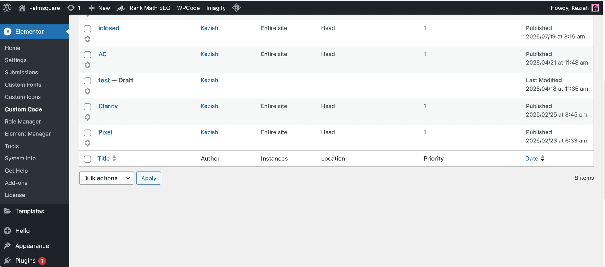 Elementor Custom Code Menu