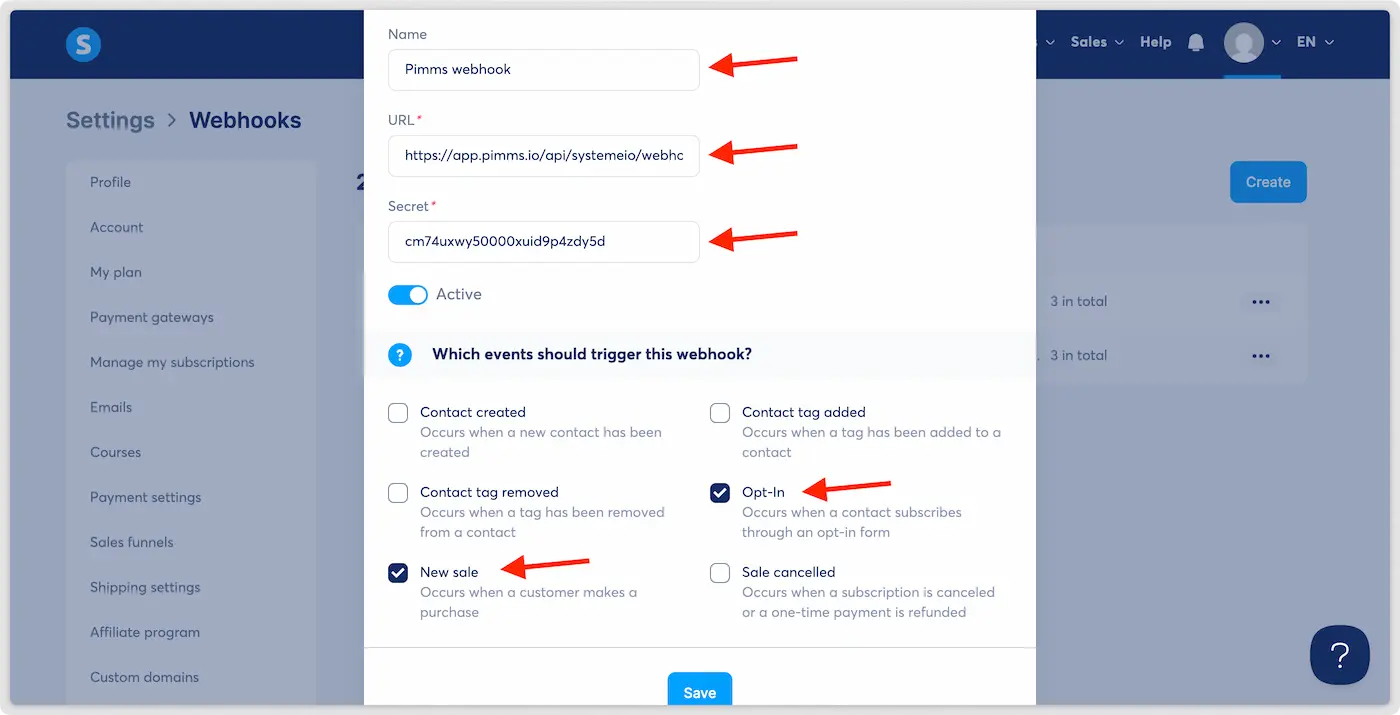 Systeme.io Webhook Settings