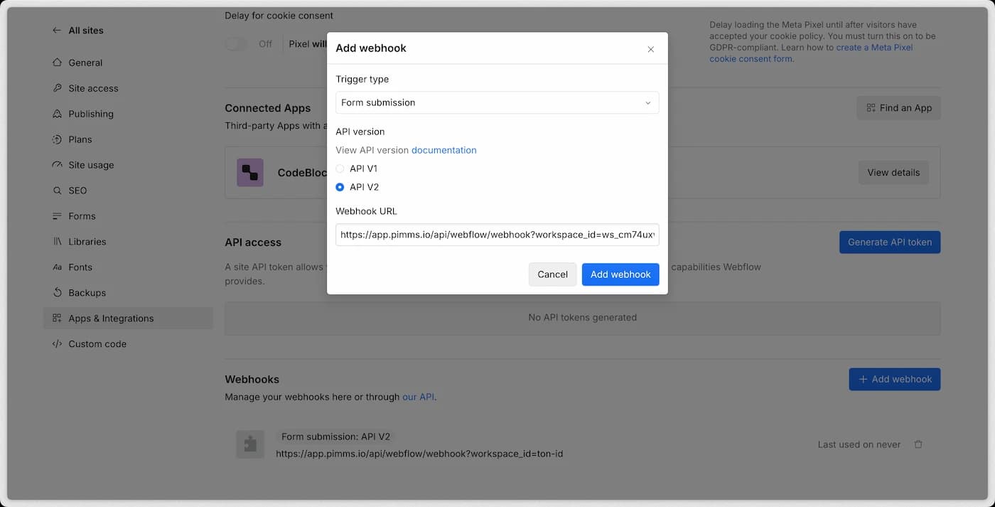 Webflow webhook setup